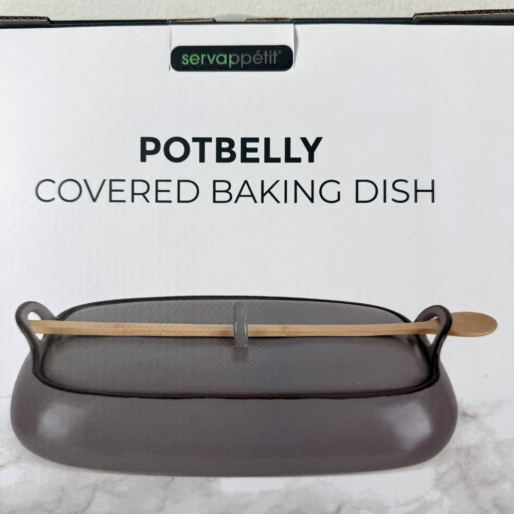 Servappetit Potbelly Covered Baking Dish Gray Ceramic w/Lid and Spoon 9 x 15 in - Picture 7 of 10